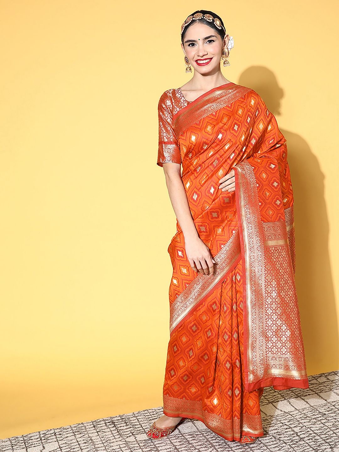 

Mitera Zari Silk Blend Dharmavaram Saree, Orange