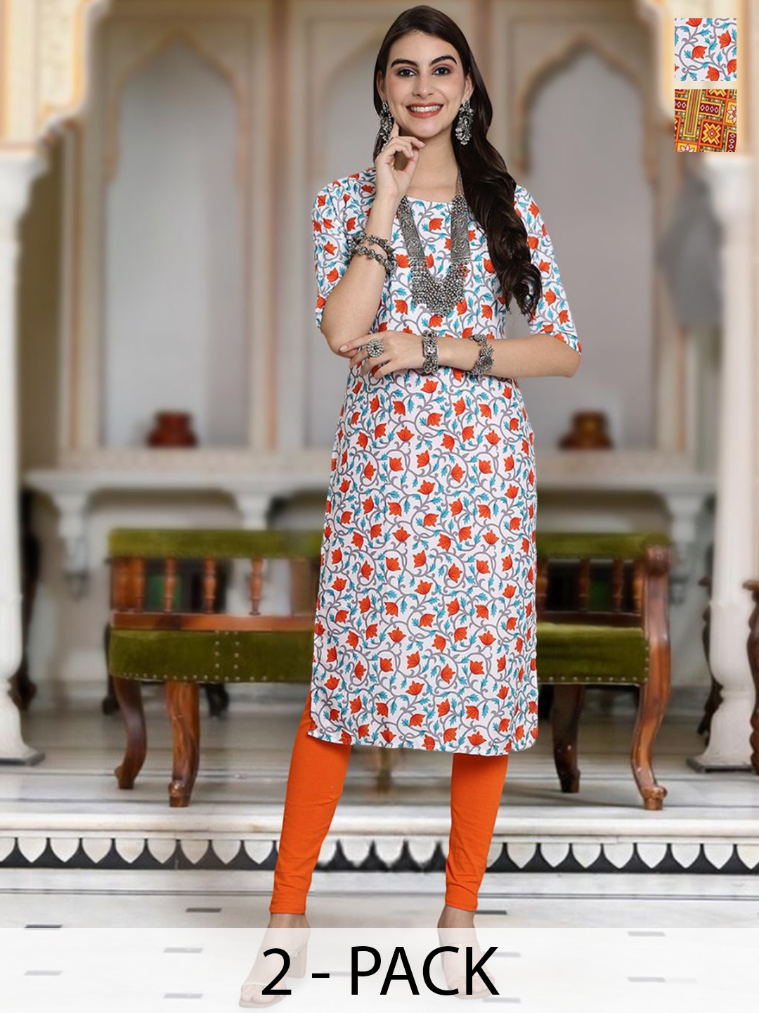 

Moda Rapido Selection Of 2 Floral Printed Round Neck Straight Kurta, White