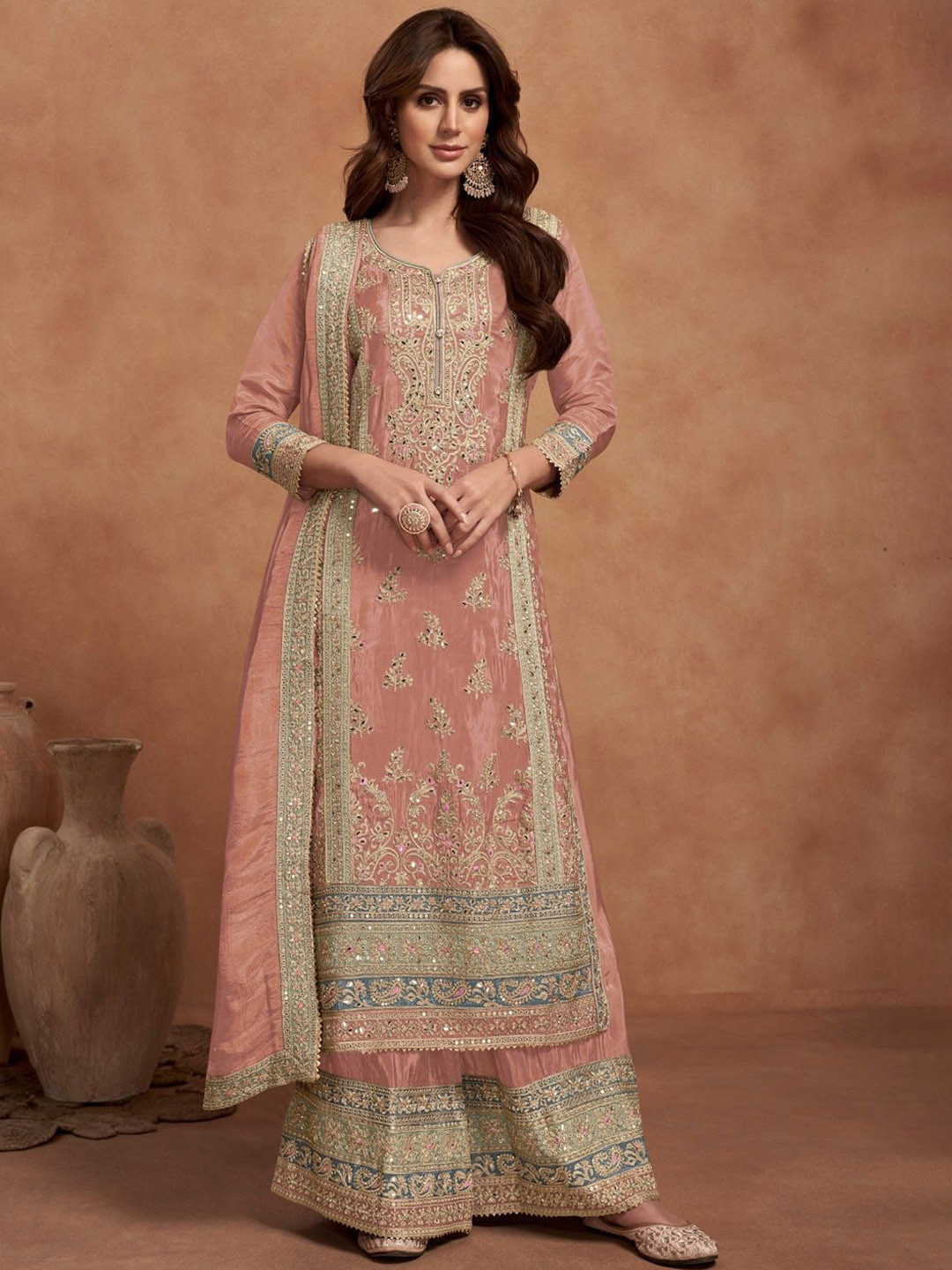 

SURATSUIT Women Floral Embroidered Regular Mirror Work Kurta with Palazzos & With Dupatta, Peach