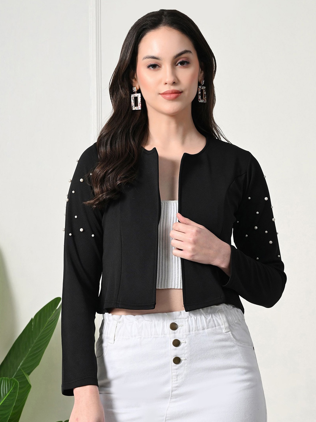 

BAESD Embellished Long Sleeves Open Front Crop Shrug, Black