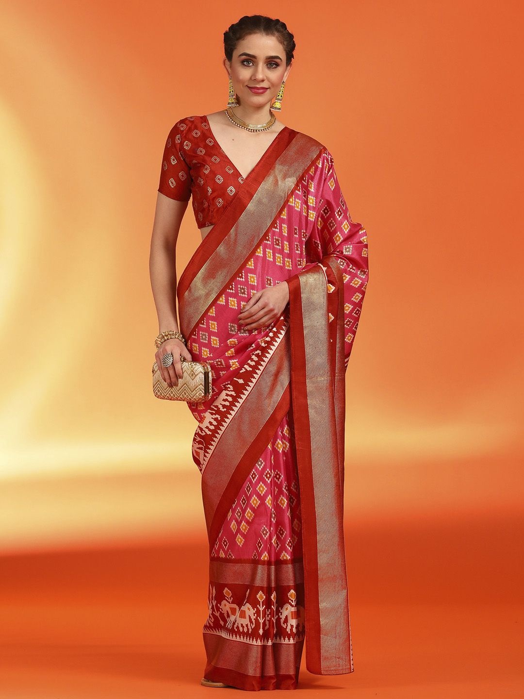 

Mitera Ethnic Motifs Zari Silk Blend Pochampally Saree, Pink