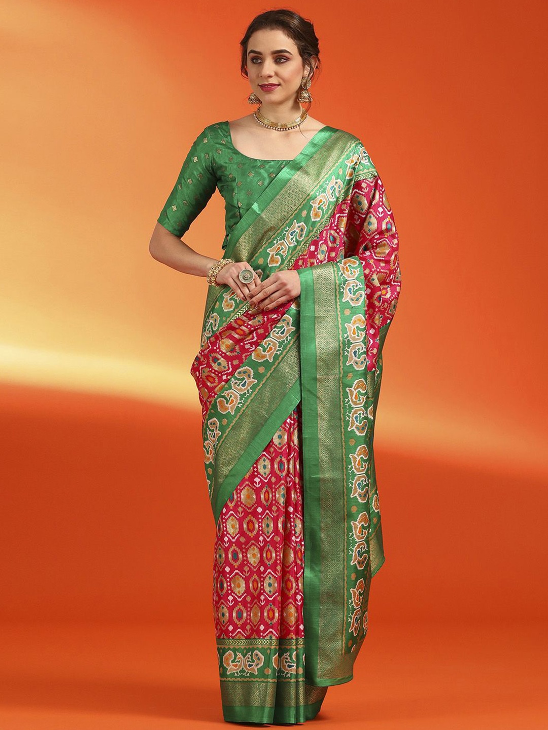

Mitera Ethnic Motifs Zari Silk Blend Pochampally Saree, Red