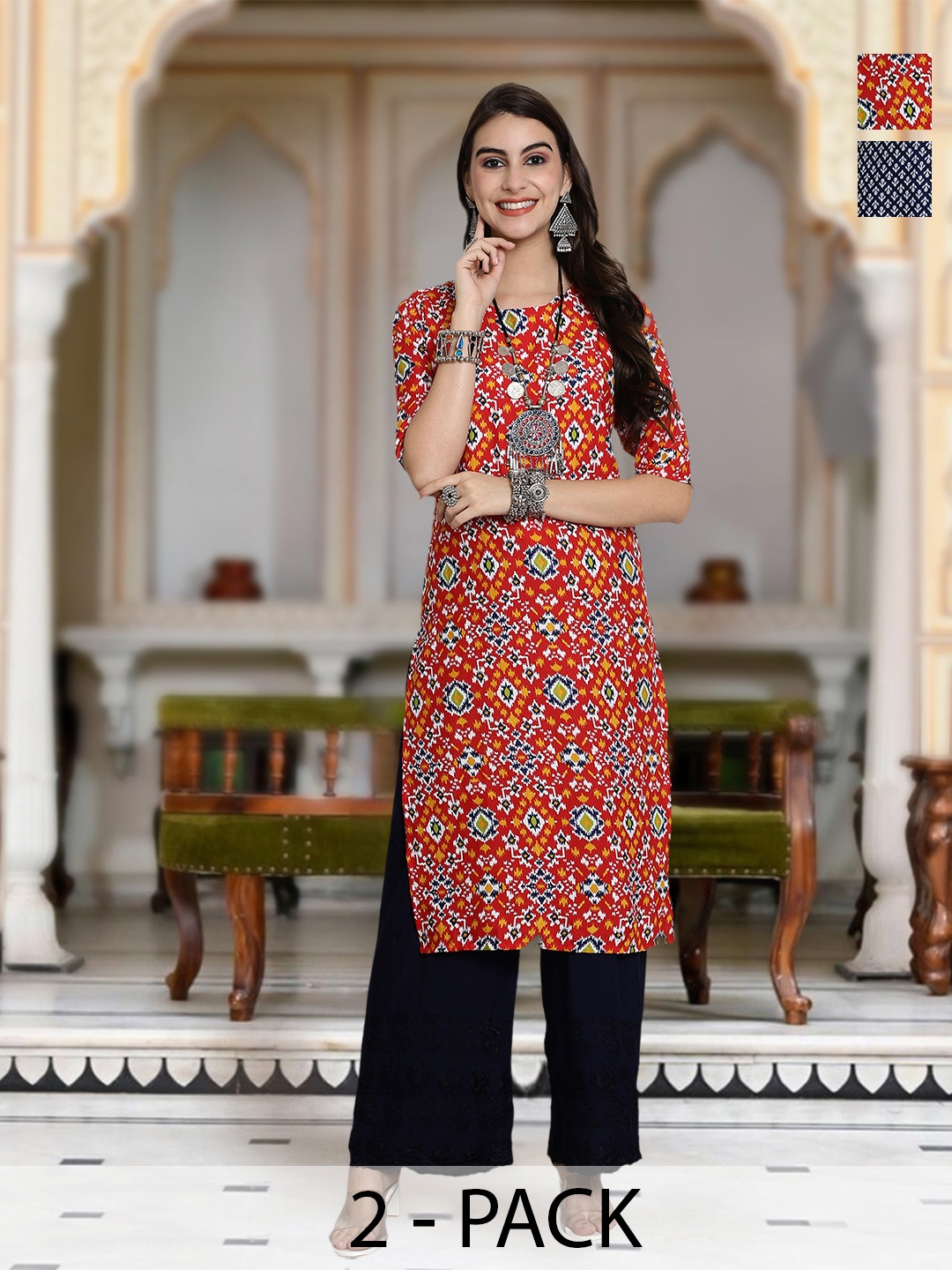 

Moda Rapido Selection Of 2 Ethnic Motifs Printed Round Neck Straight Kurta, Red