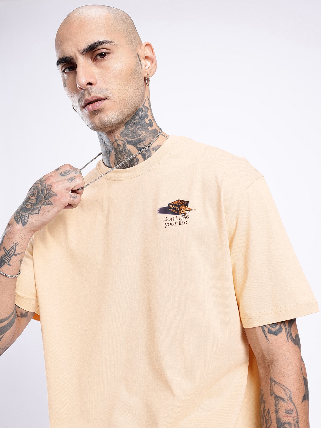 

glitchez Stay On Fire Printed Relaxed Fit T-shirt, Beige