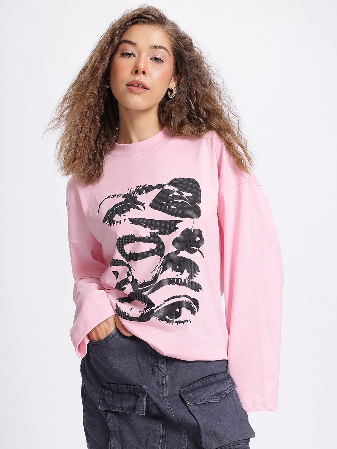 

glitchez Bold Expressions Printed Oversized T-shirt, Pink