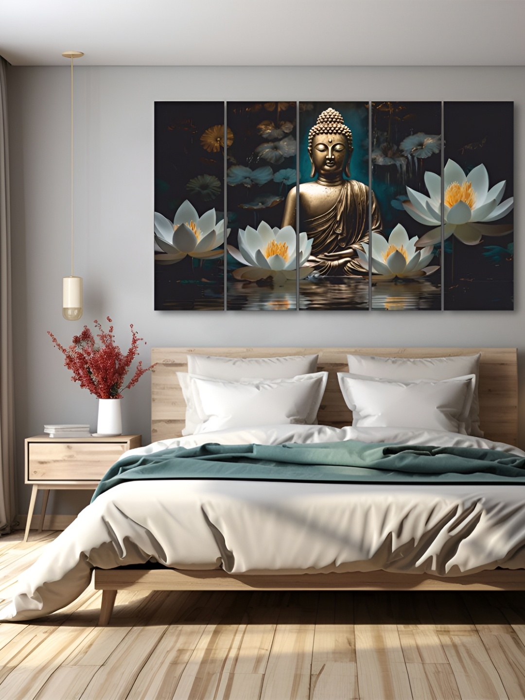 

The Castle Decor Teal & Gold-Toned 5 Piece Wood Religious Wall Paintings