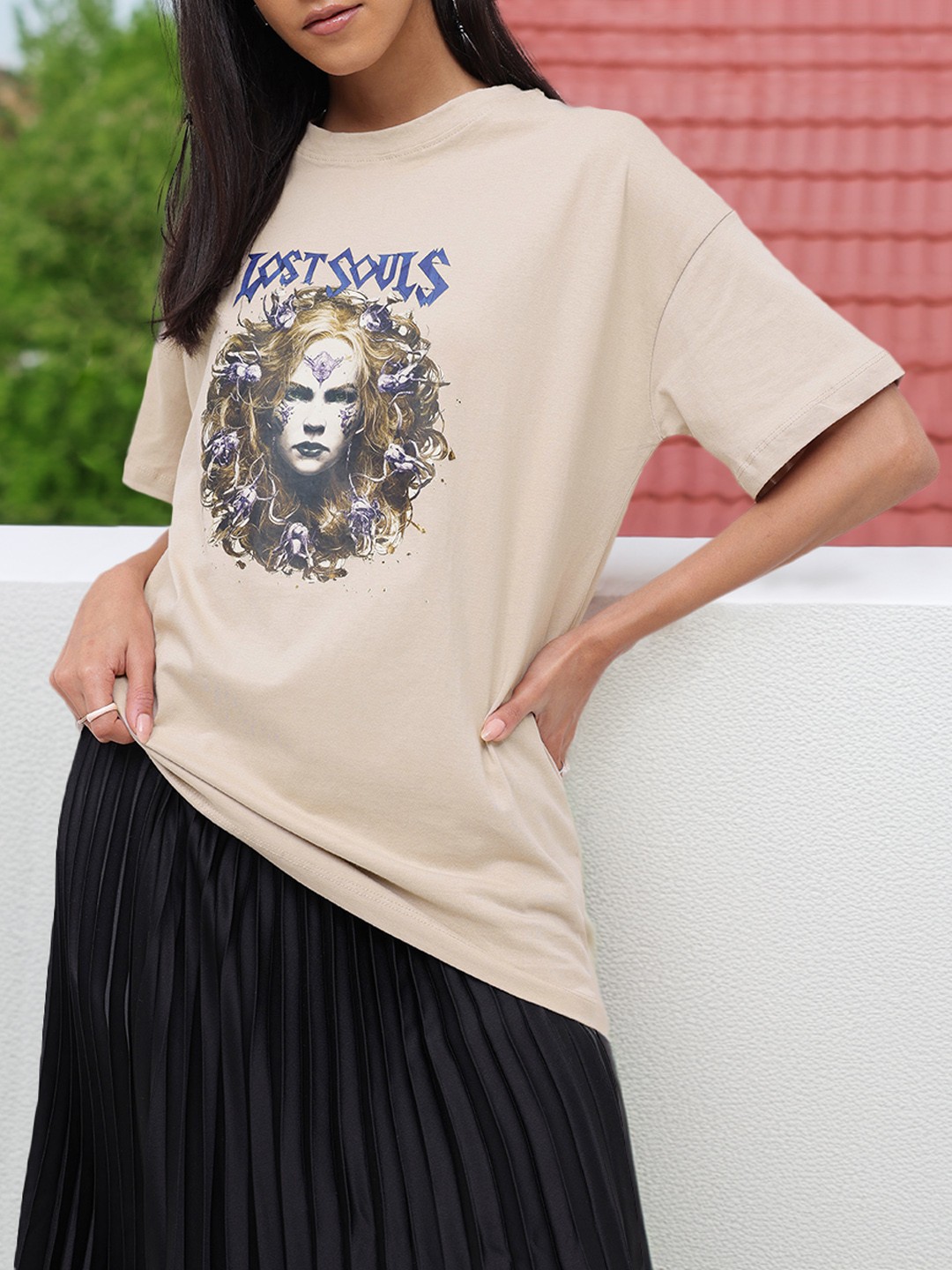 

DressBerry Ways Not Included Printed Oversized T-shirt, Beige