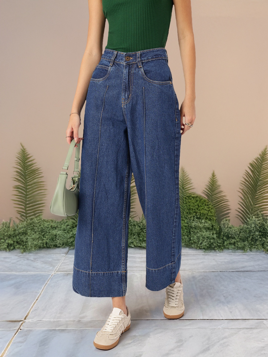 

DressBerry Women Utility Inspired Baggy Wide Leg Cropped Jeans, Navy blue