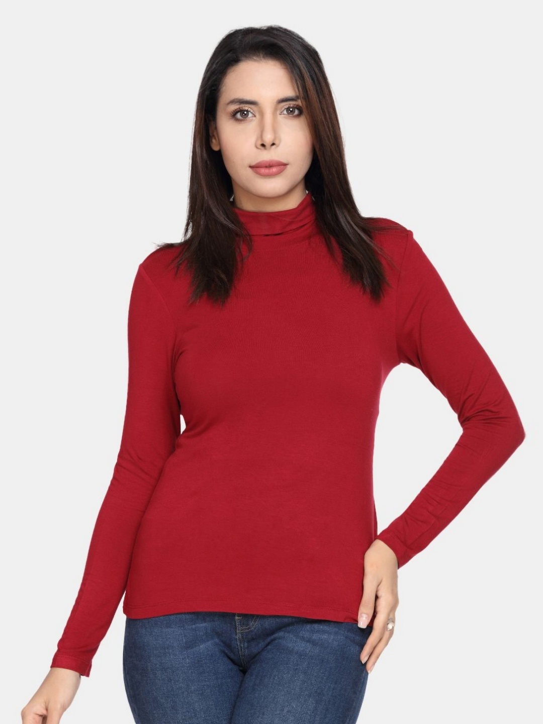 

Metronaut Women High Neck Applique Slim Fit T-shirt, Burgundy
