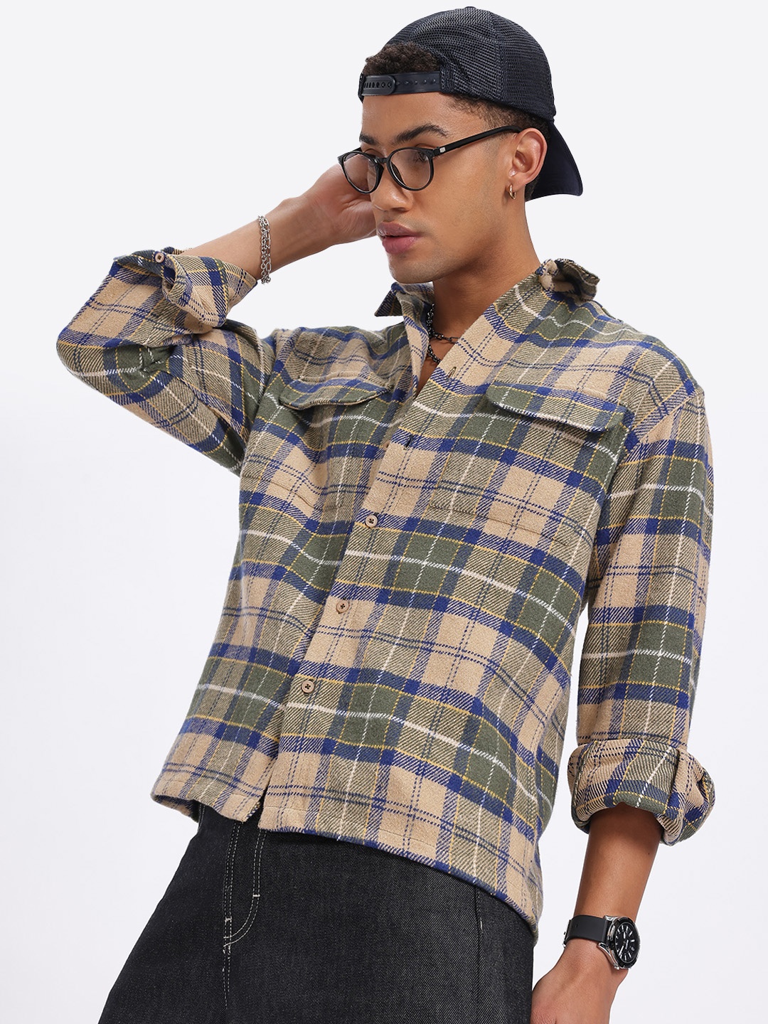 

glitchez Flannel Flair Checked Oversized Shirt, Beige