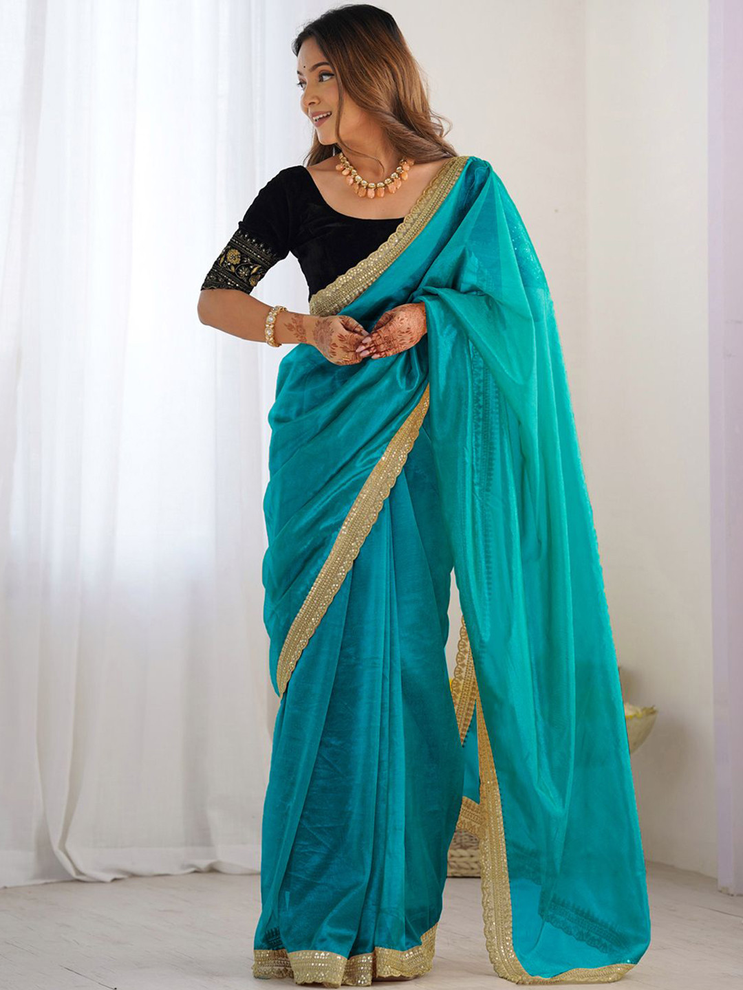 

Satrani Sequinned Supernet Saree, Turquoise blue