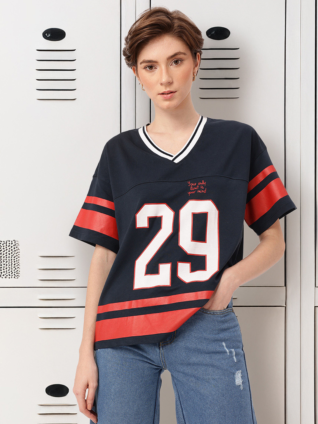 

DressBerry Sporty Vibe Printed Oversized Casual T-shirt, Navy blue