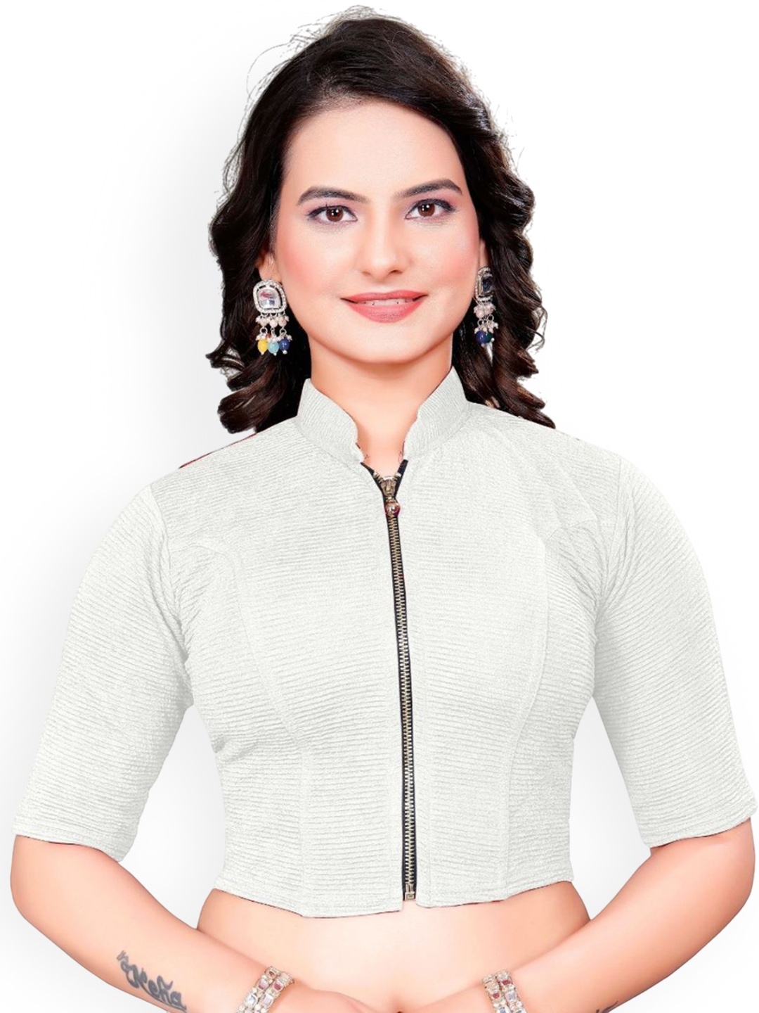 

SS Sanket Synthetics High Neck Front Full Zip Blouse, White