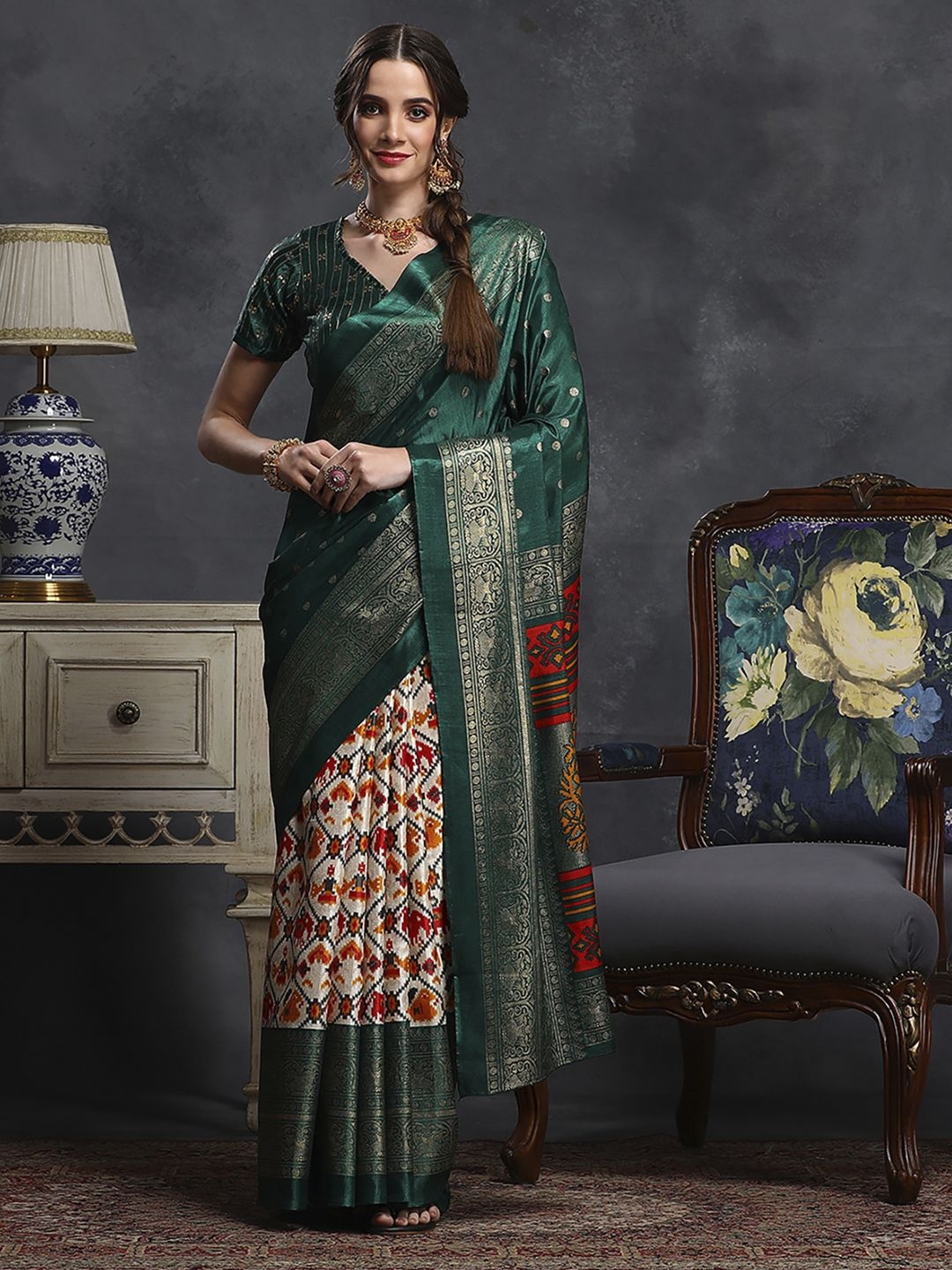 

Mitera Ethnic Motifs Zari Silk Blend Ikat Saree, Green