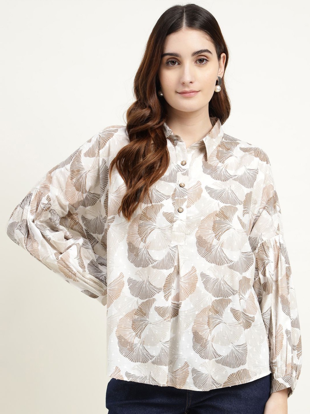 

Ranng Women Mandarin Collar Puff Sleeve Ranng Label Cotton Visccose Top Shirt with Prints, Brown