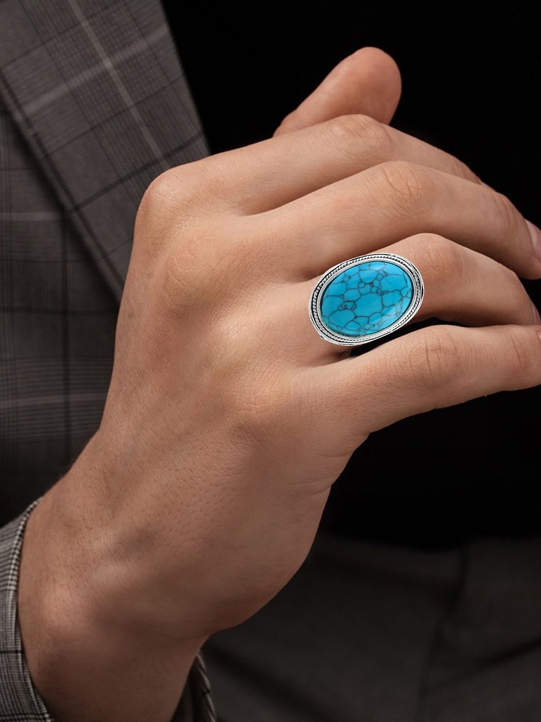 

MEMOIR Silver-Plated Turquoise Stone Studded Finger Ring
