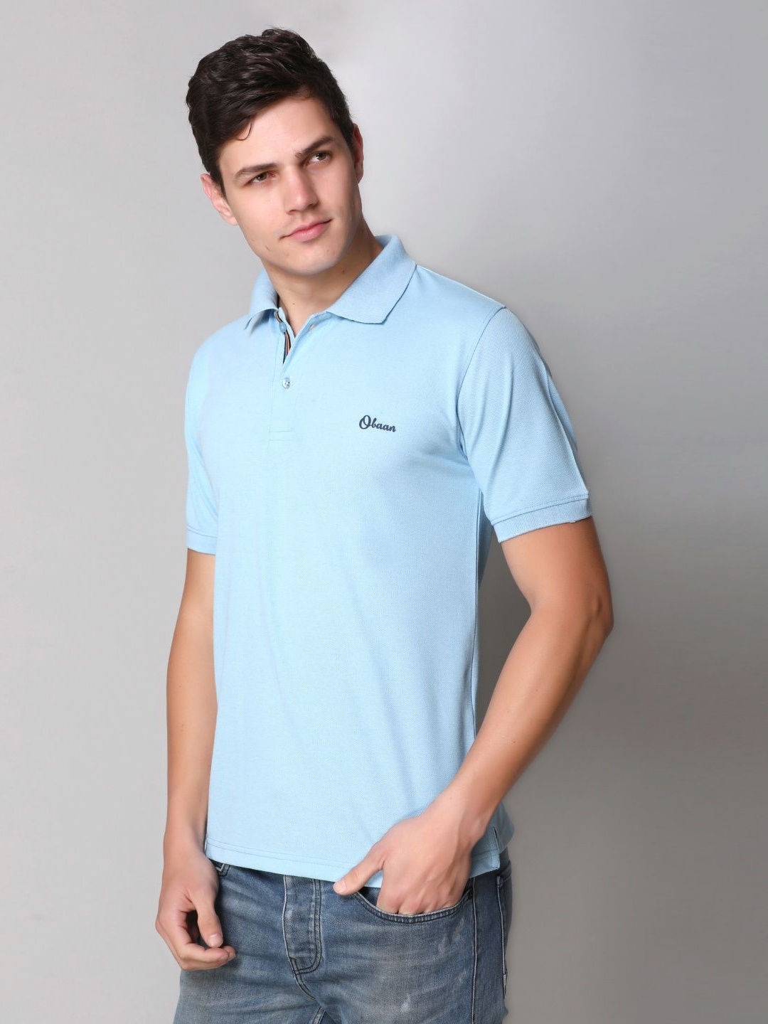 

Obaan Men Polo Collar Applique T-shirt, Turquoise blue