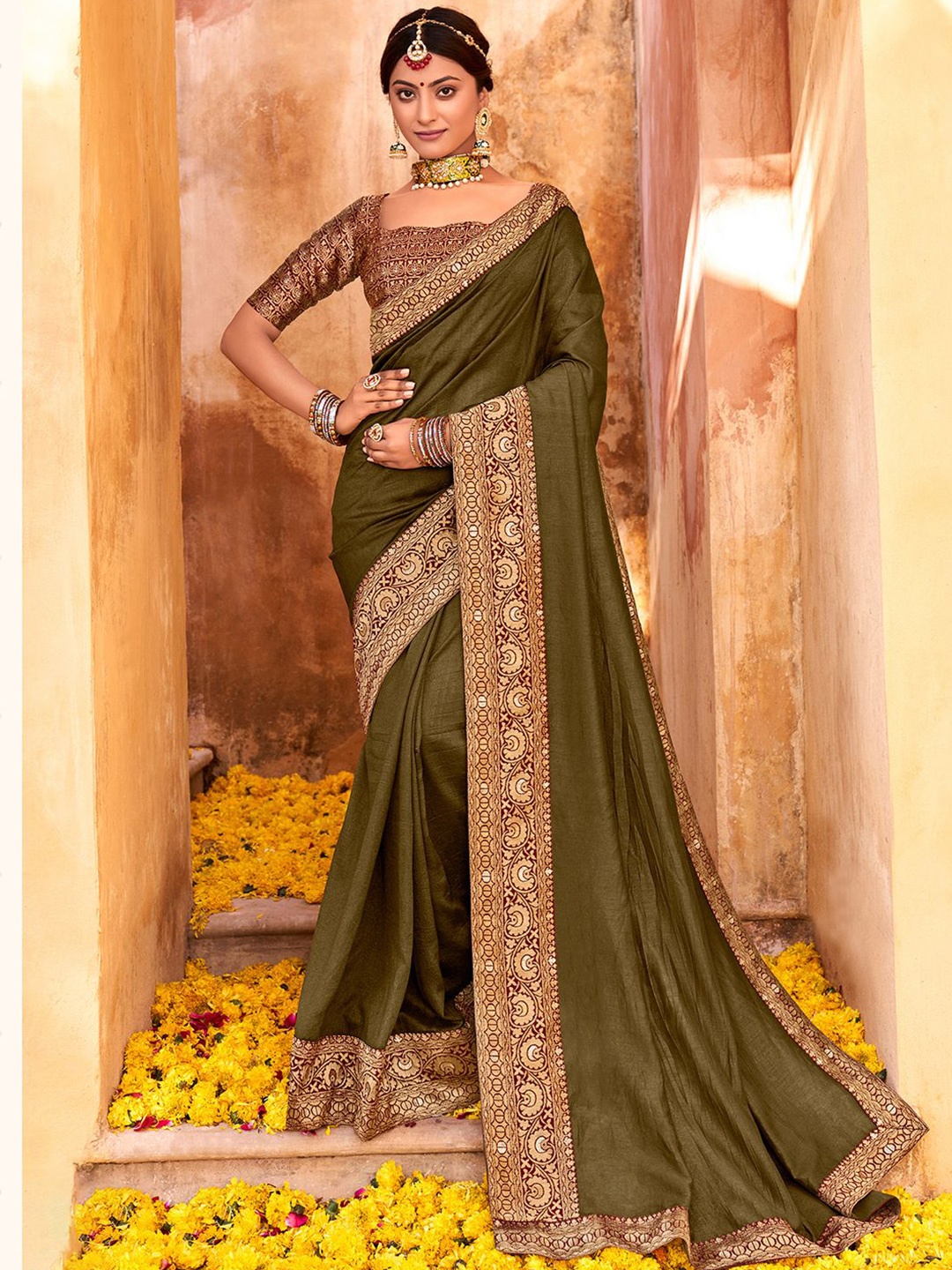 

Anouk Rustic Zari Silk Blend Saree, Olive