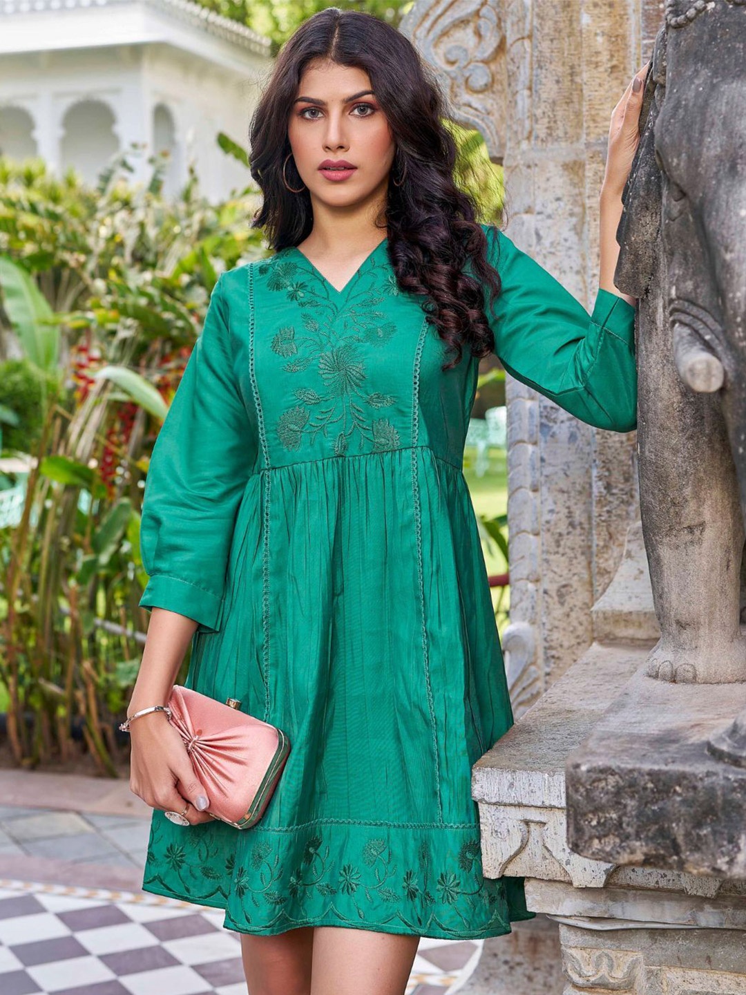 

Flossy Ethnic Motifs Embroidered A-Line Dress, Green