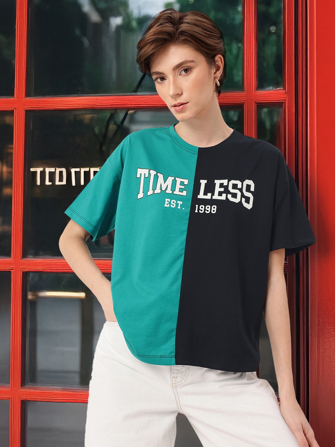 

DressBerry Urban Colourblocked Printed Oversized Casual T-shirt, Blue