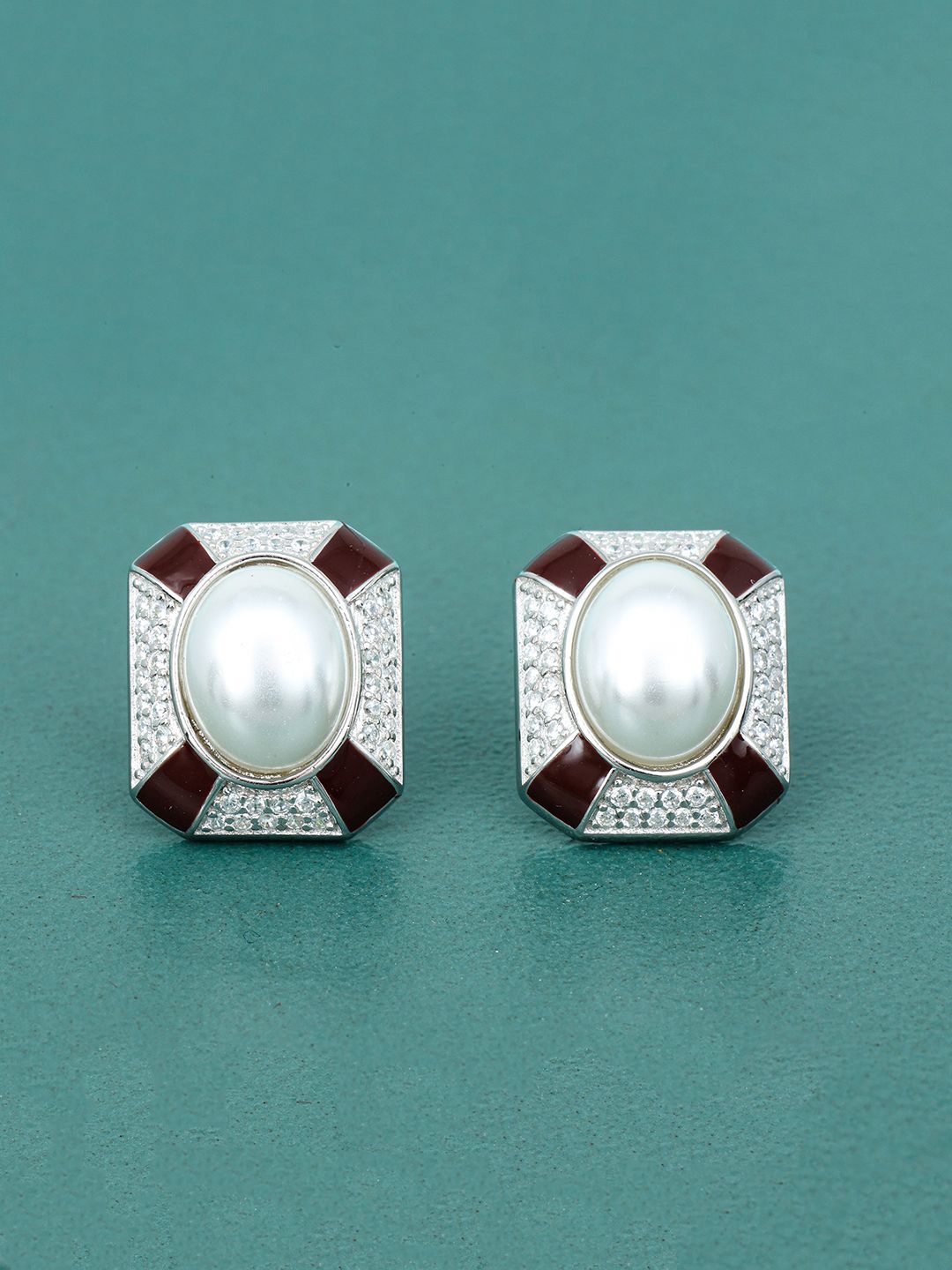 

MAIRA 925 Sterling Silver Rhodium-Plated Artificial Stones Studed Geometric Shaped Studs