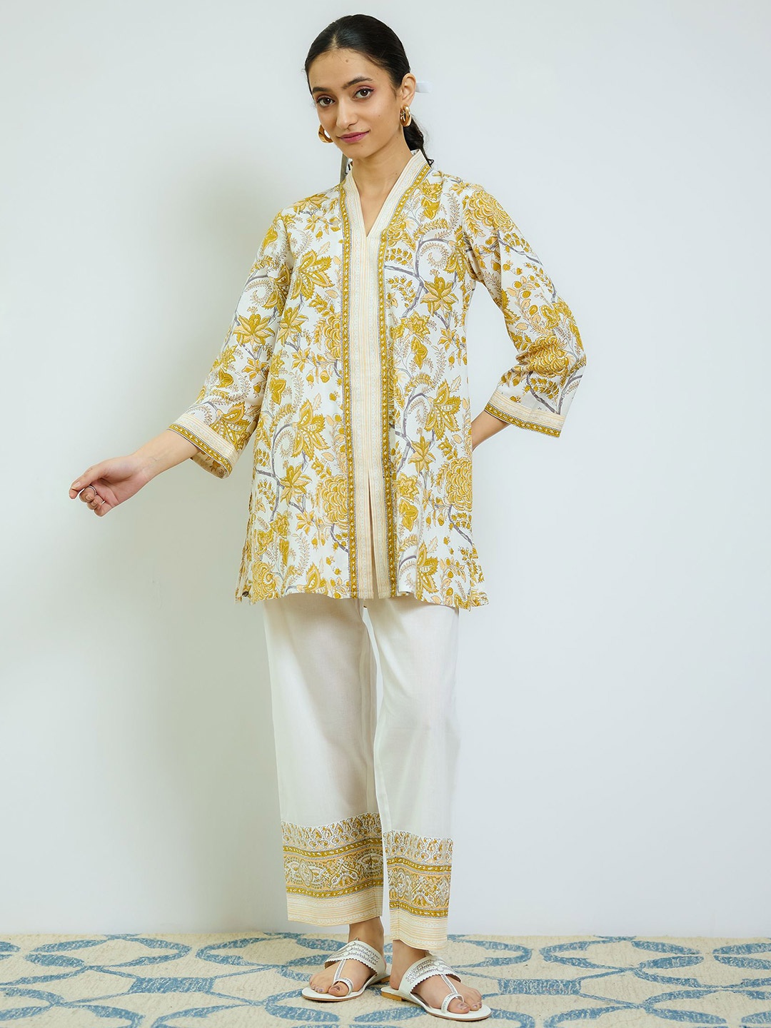 

Rustorange Sanganeri Floral Printed Pure Cotton Tunic & Trouser, Yellow