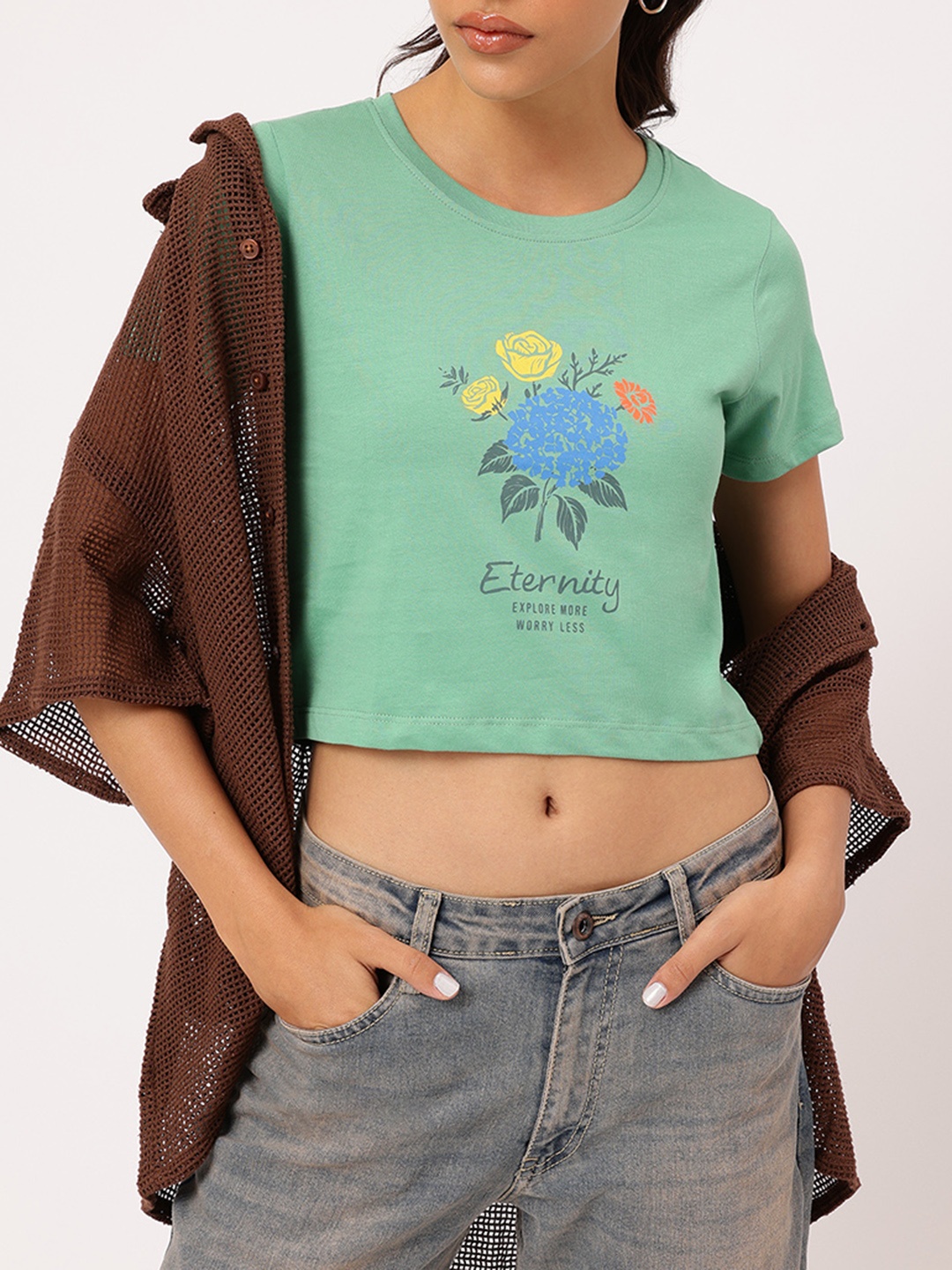 

DressBerry Rose Revival Floral Printed Pure Cotton T-shirt, Green