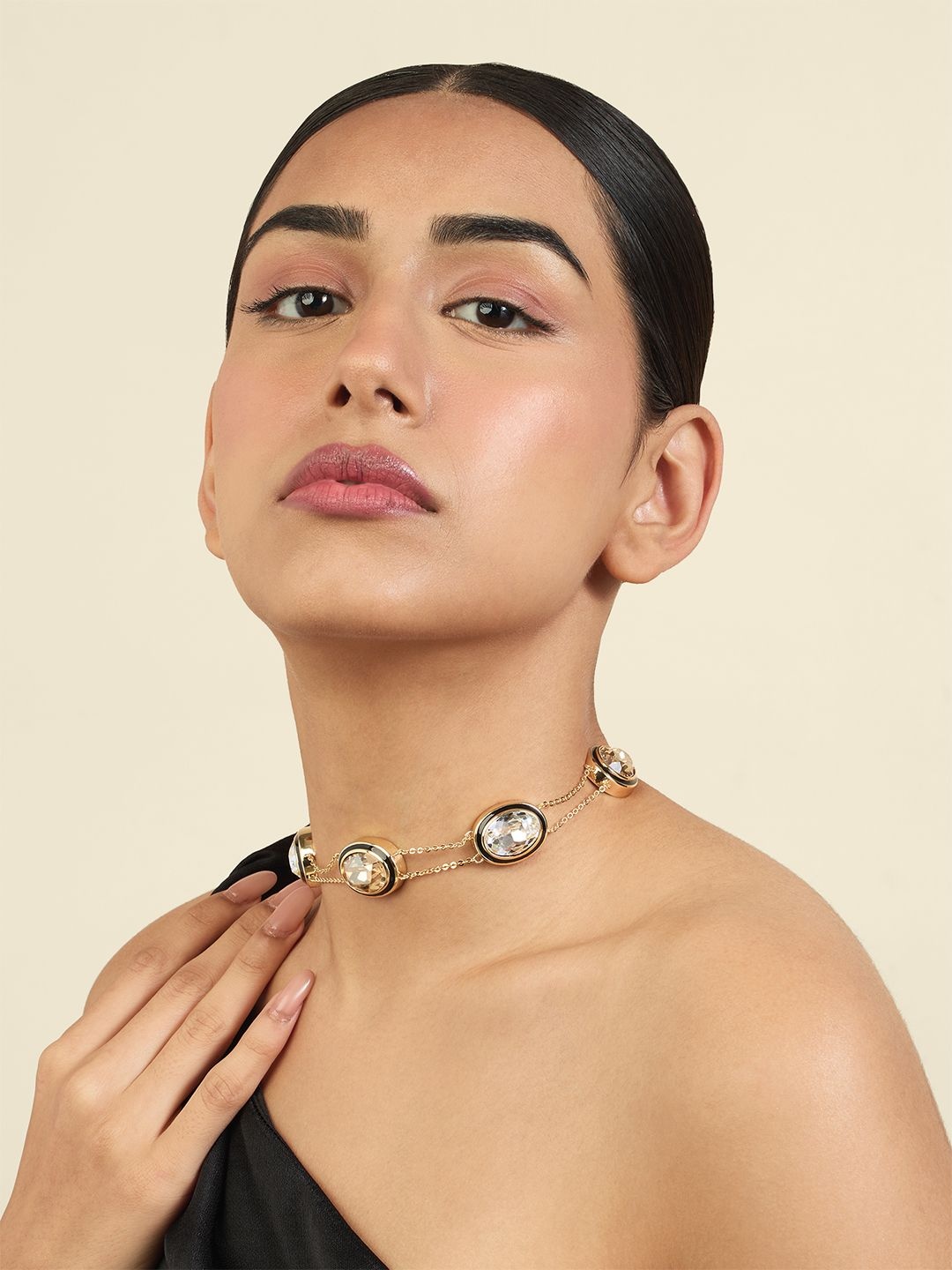 

Isharya 18Kt Gold-Plated Crystals Studded Oceanus Mocha Choker Necklace