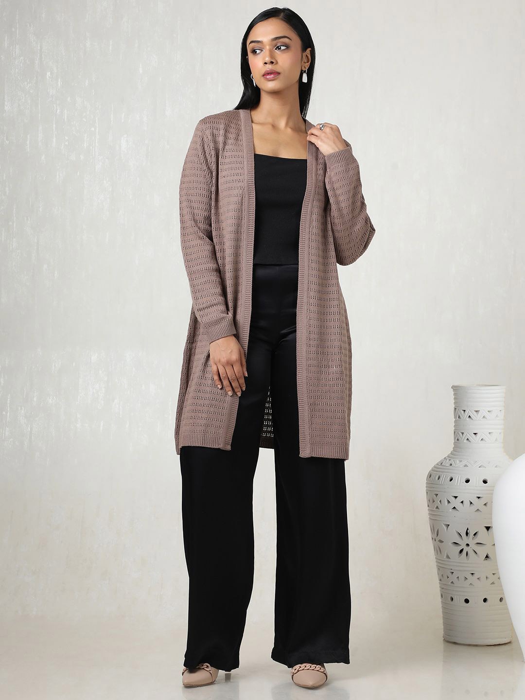 

Soch Self Design V-Neck Open Front Acrylic Longline Shrug, Brown