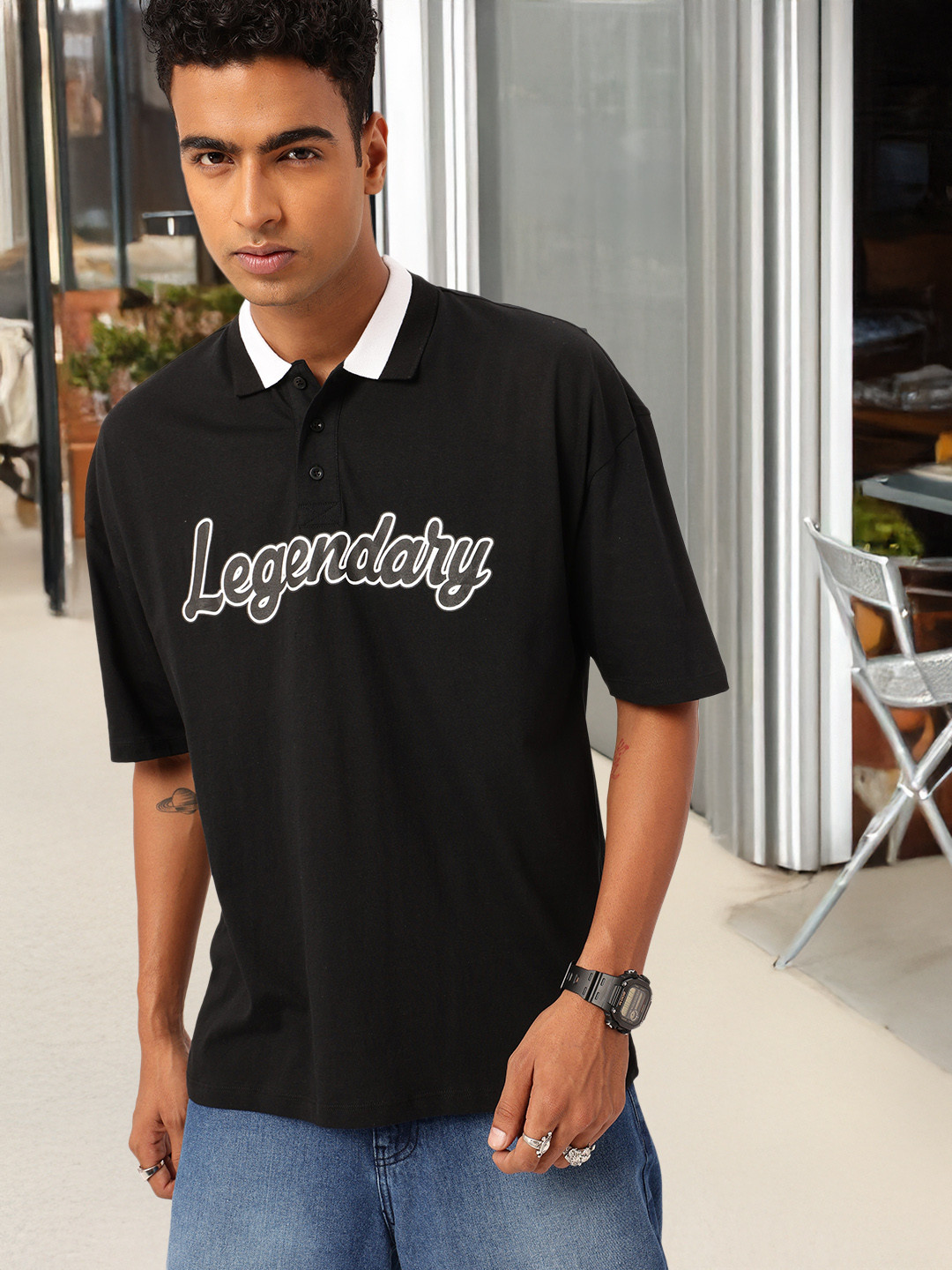 

Kook N Keech Street Cool Printed Oversized Polo T-shirt, Black