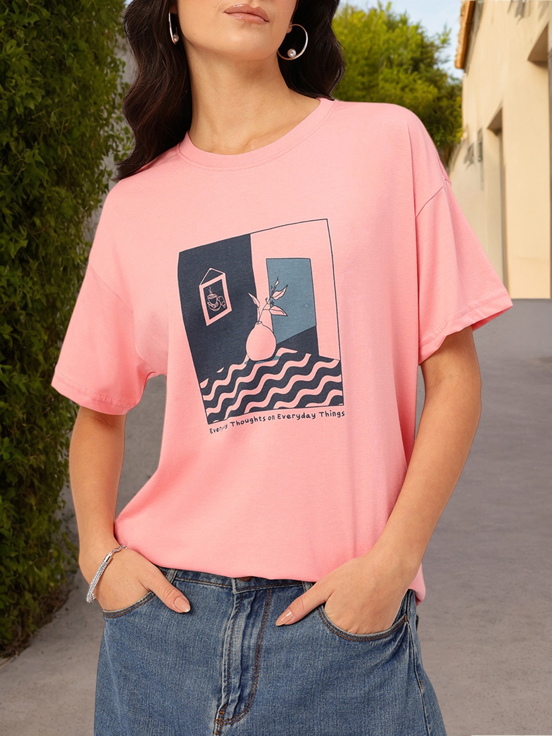 

DressBerry Positive Energy Printed Drop-Shoulder Relaxed T-shirt, Peach