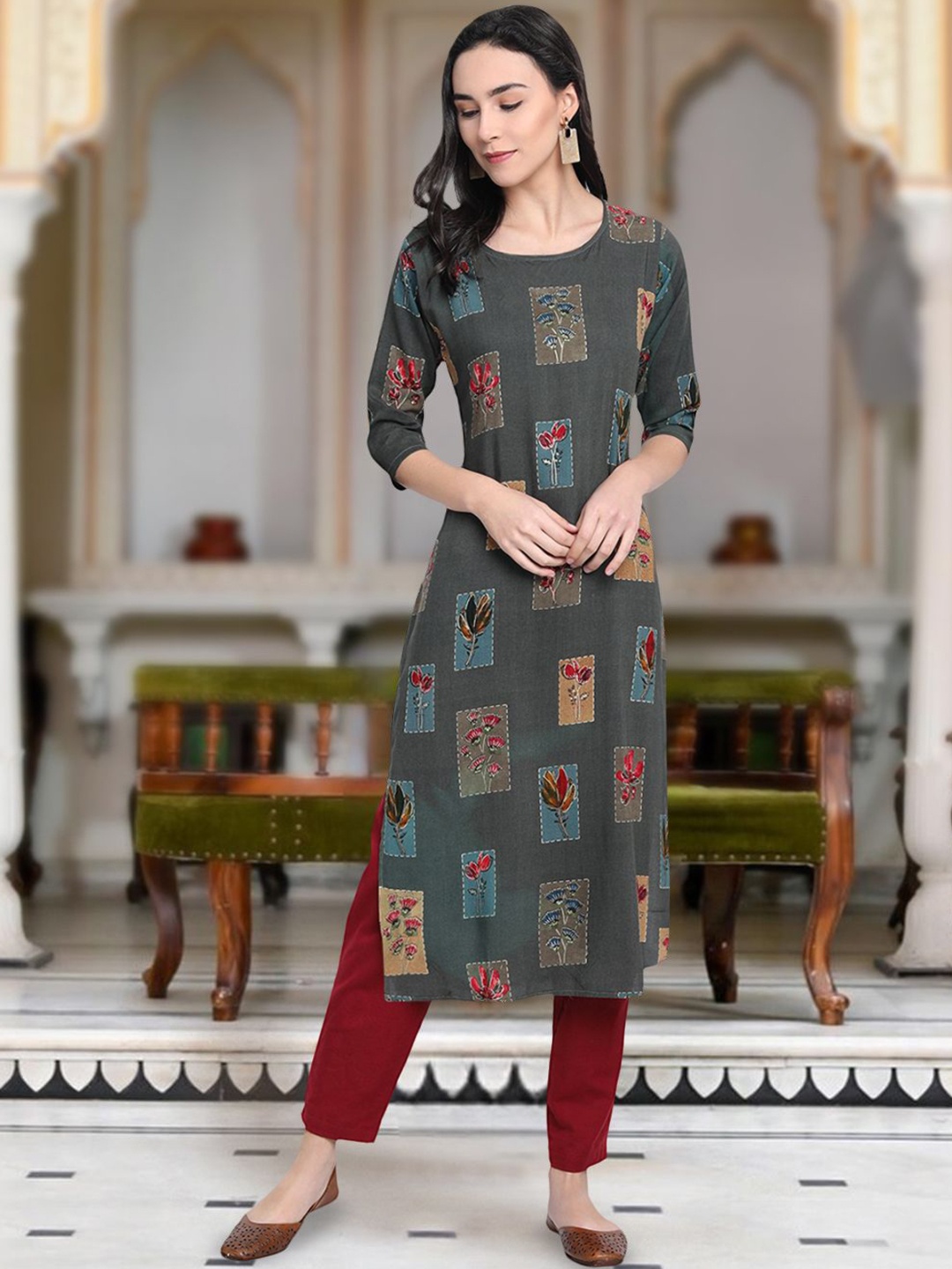 

Moda Rapido Floral Printed Round Neck Straight Kurta, Grey