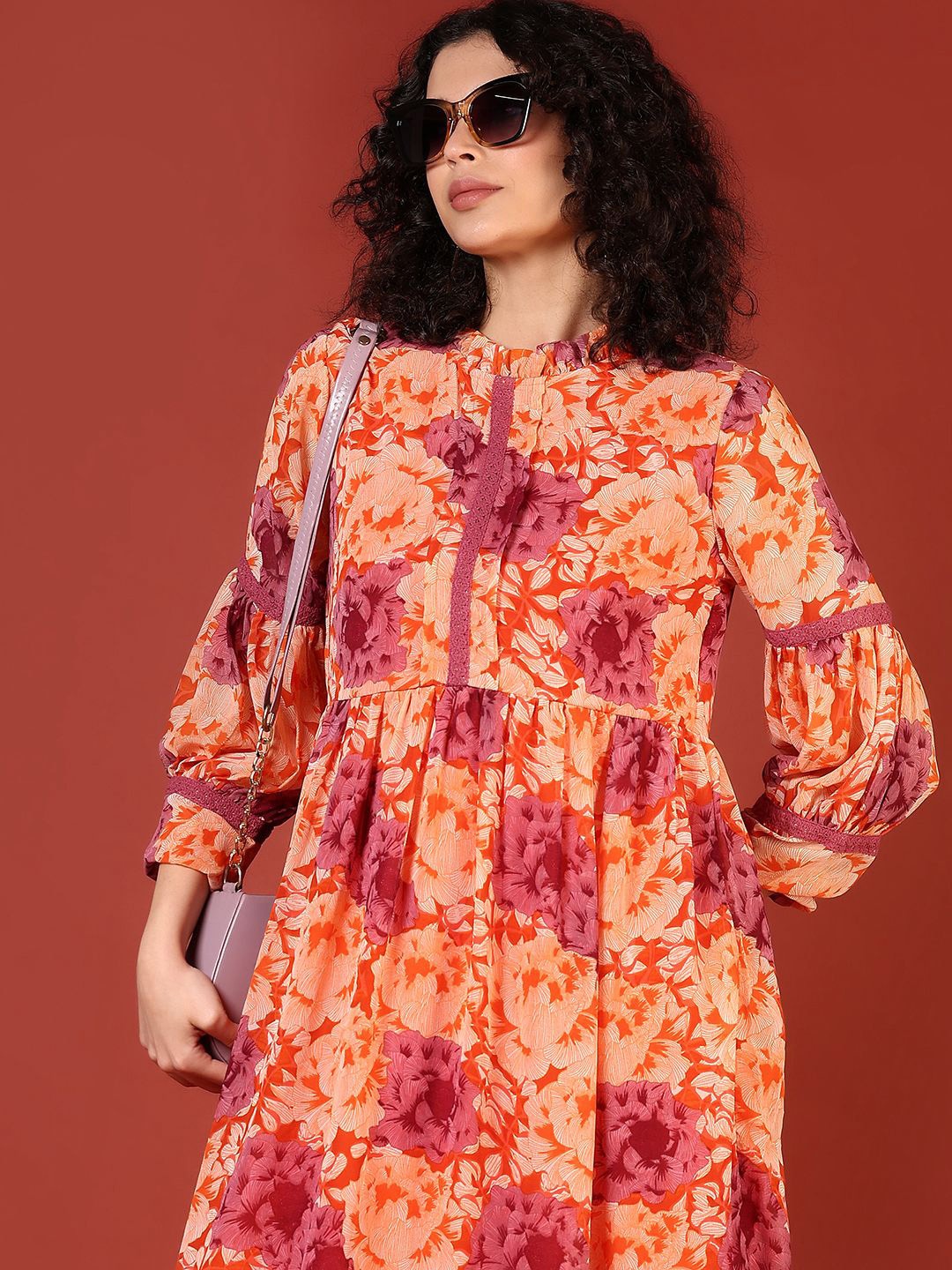 

V-Mart Floral Print Puff Sleeve Fit & Flare Midi Dress, Orange