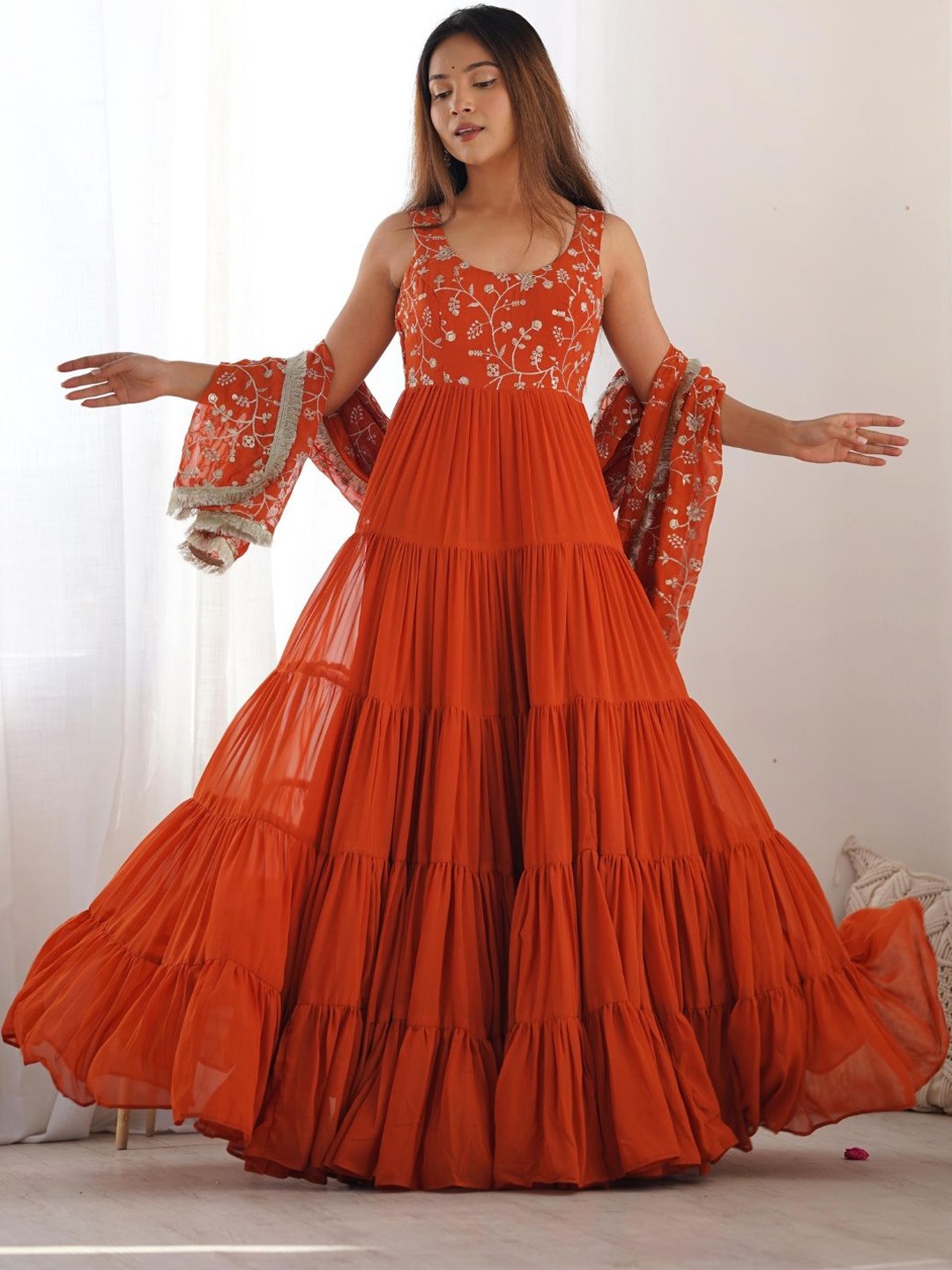 

ETHNICSUPPLY Women Ethnic Motifs Embroidered Regular Thread Work Kurta with Trousers & With Dupatta, Orange