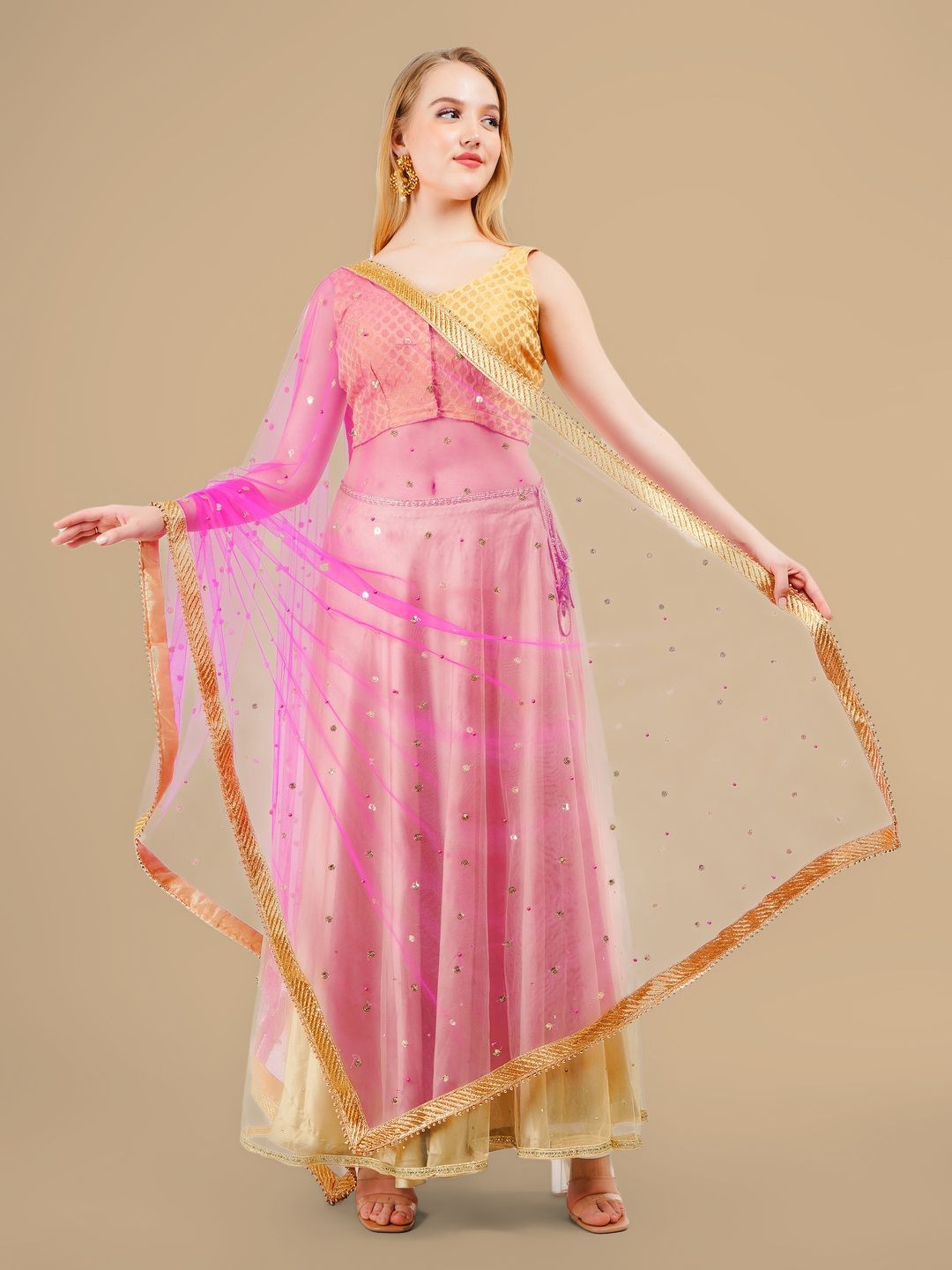 

Karthav Fashion Floral Embroidered Dupatta With Sequinned, Pink