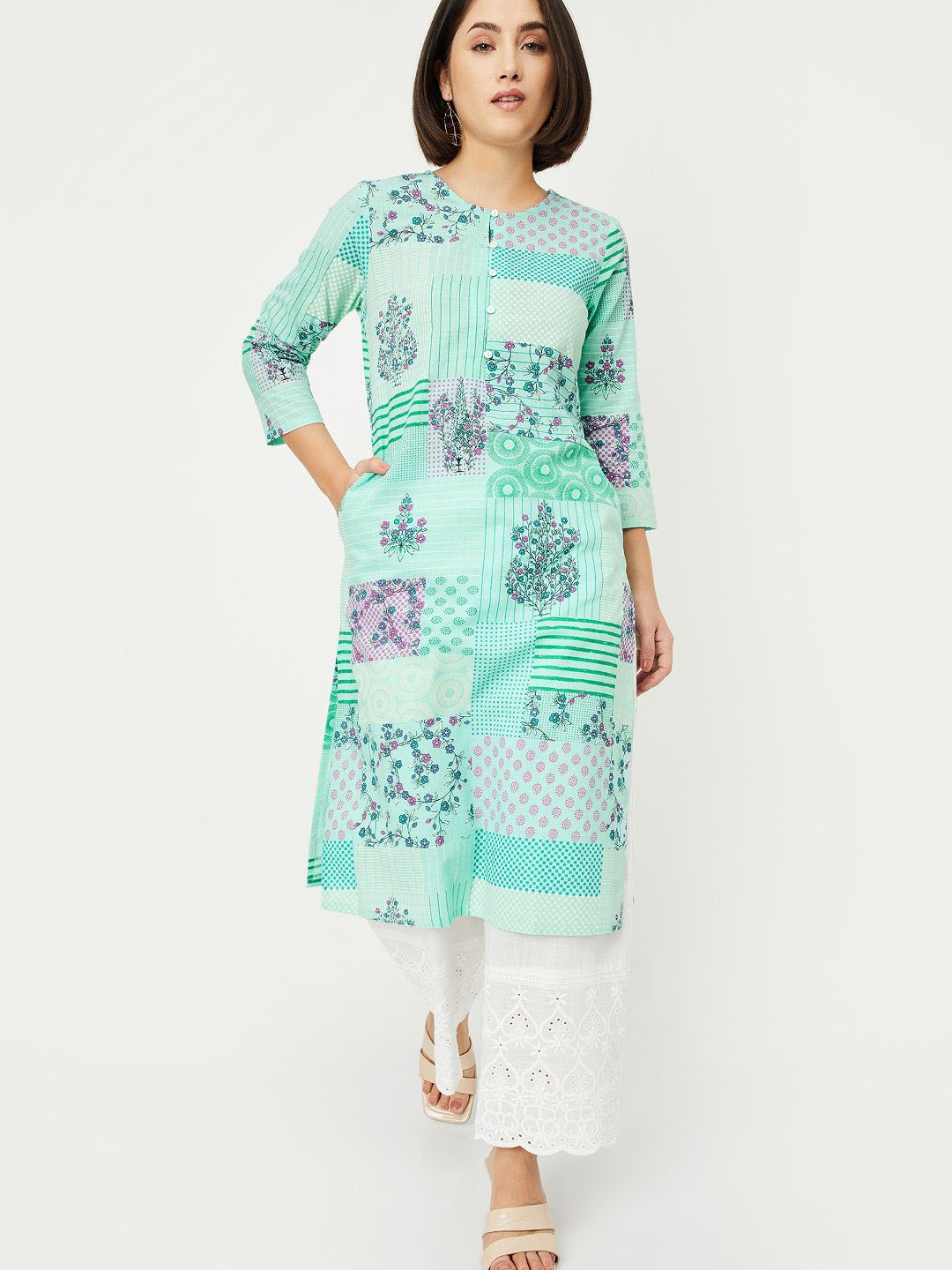 

max Ethnic Motifs Printed Round Neck Flared Straight Kurta, Blue
