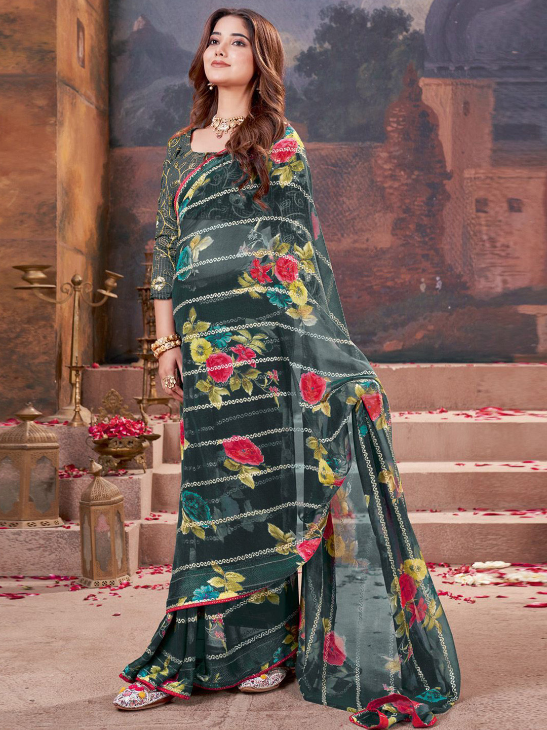 

Anouk Rustic Floral Poly Georgette Saree, Green