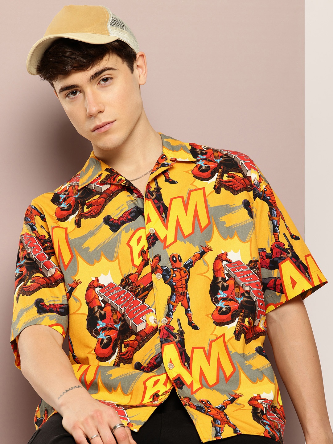 

Kook N Keech Marvel Pure Cotton Deadpool Printed Drop-Shoulder Relaxed Fit Casual Shirt, Yellow