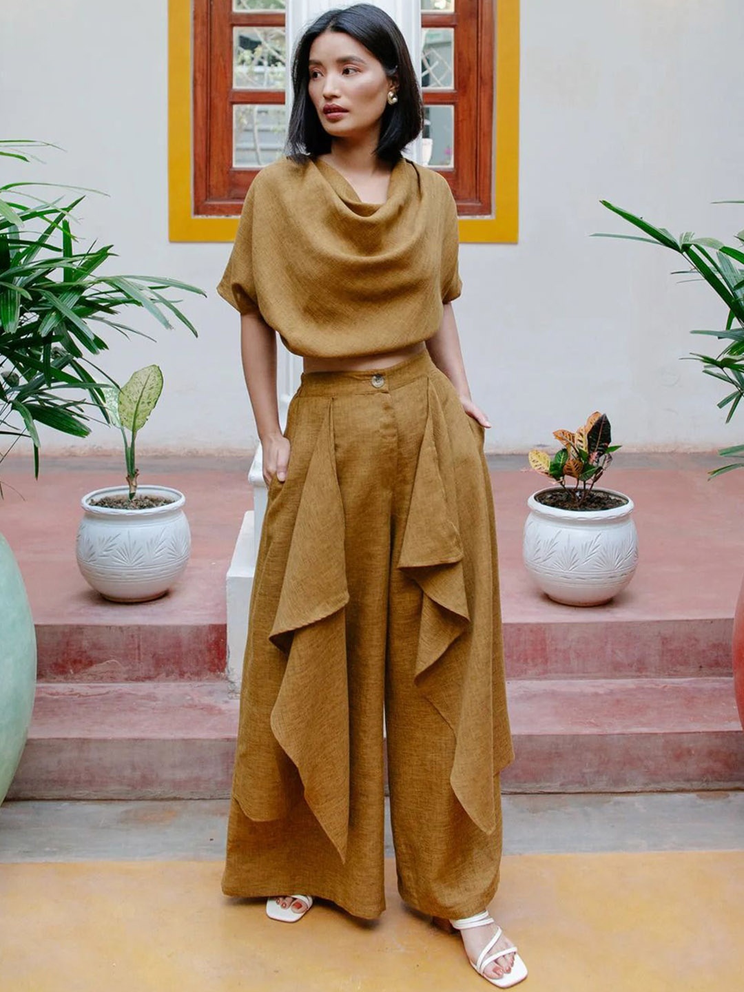 

MERSIN Cowl Neck Linen Top With Drape Palazzos, Mustard