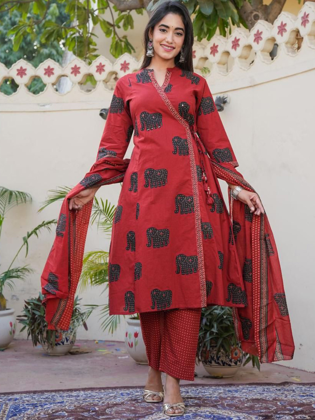 

DARVIKAA COLLECTION Printed Mandarin Collar A-Line Cotton Kurta With Trouser & Dupatta, Red