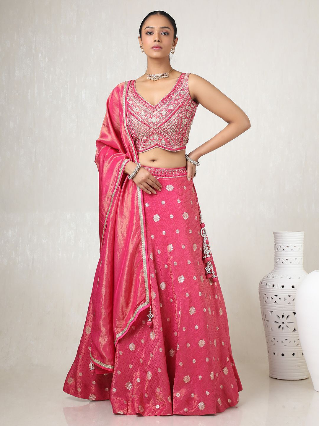 

Soch Embroidered Mirror Work Ready to Wear Lehenga & Blouse With Dupatta, Fuchsia