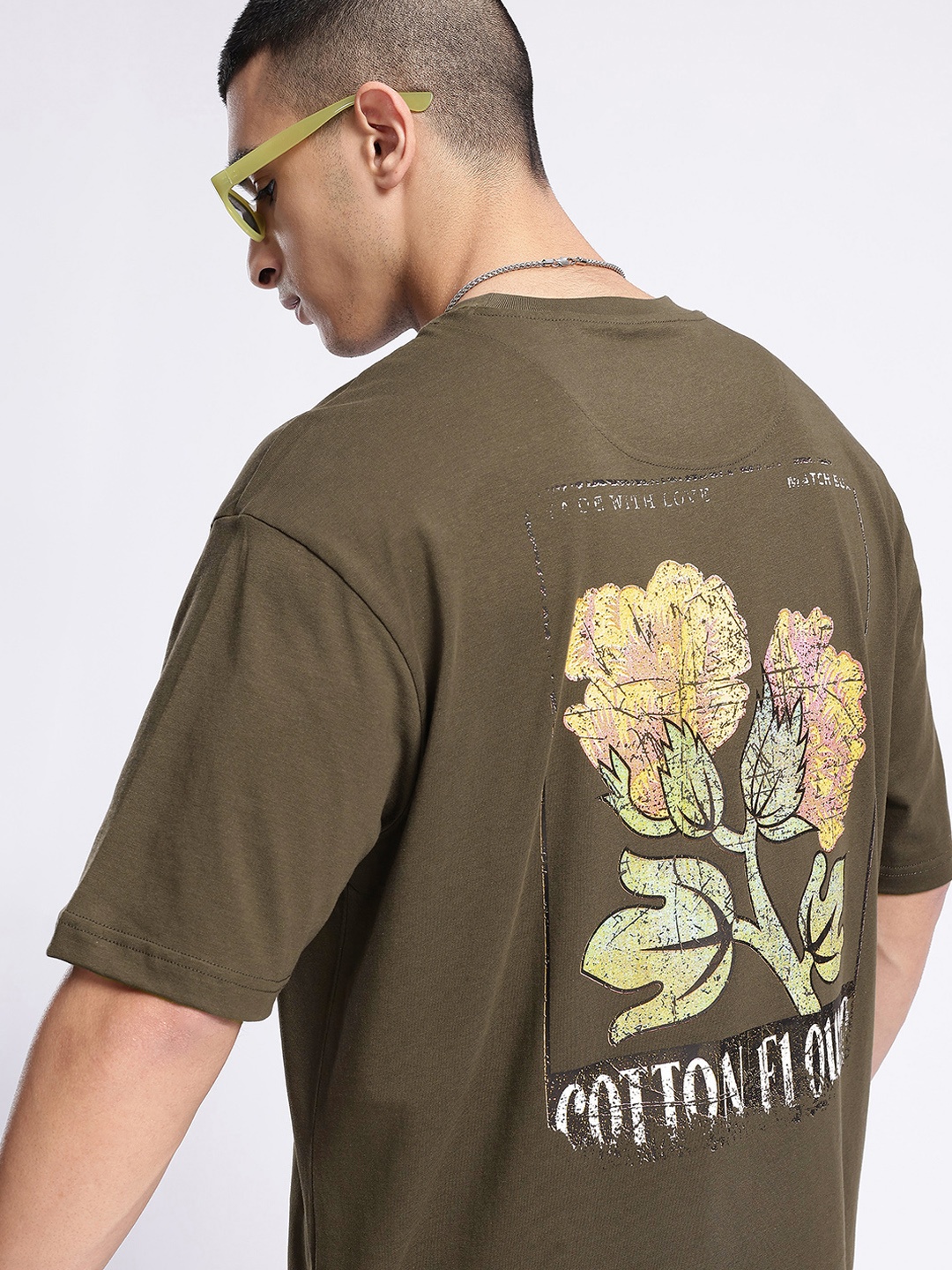 

glitchez Urban Fresh Floral Printed Oversized T-shirt, Olive