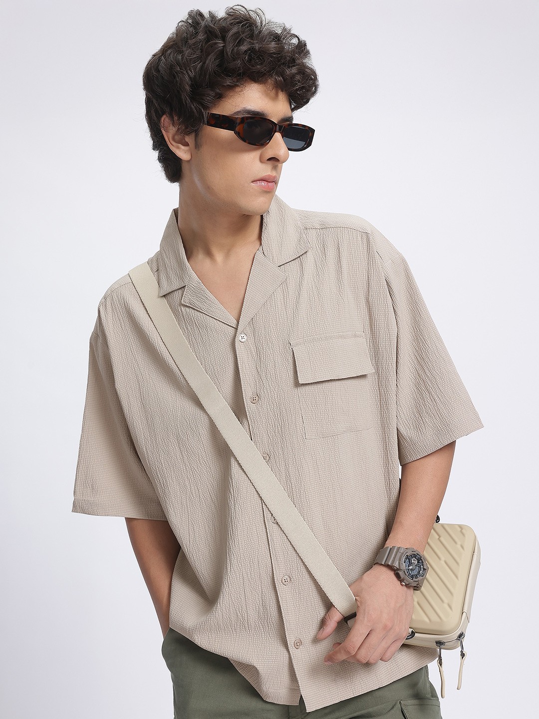 

glitchez Textured Triumph Oversized Opaque Casual Shirt, Beige