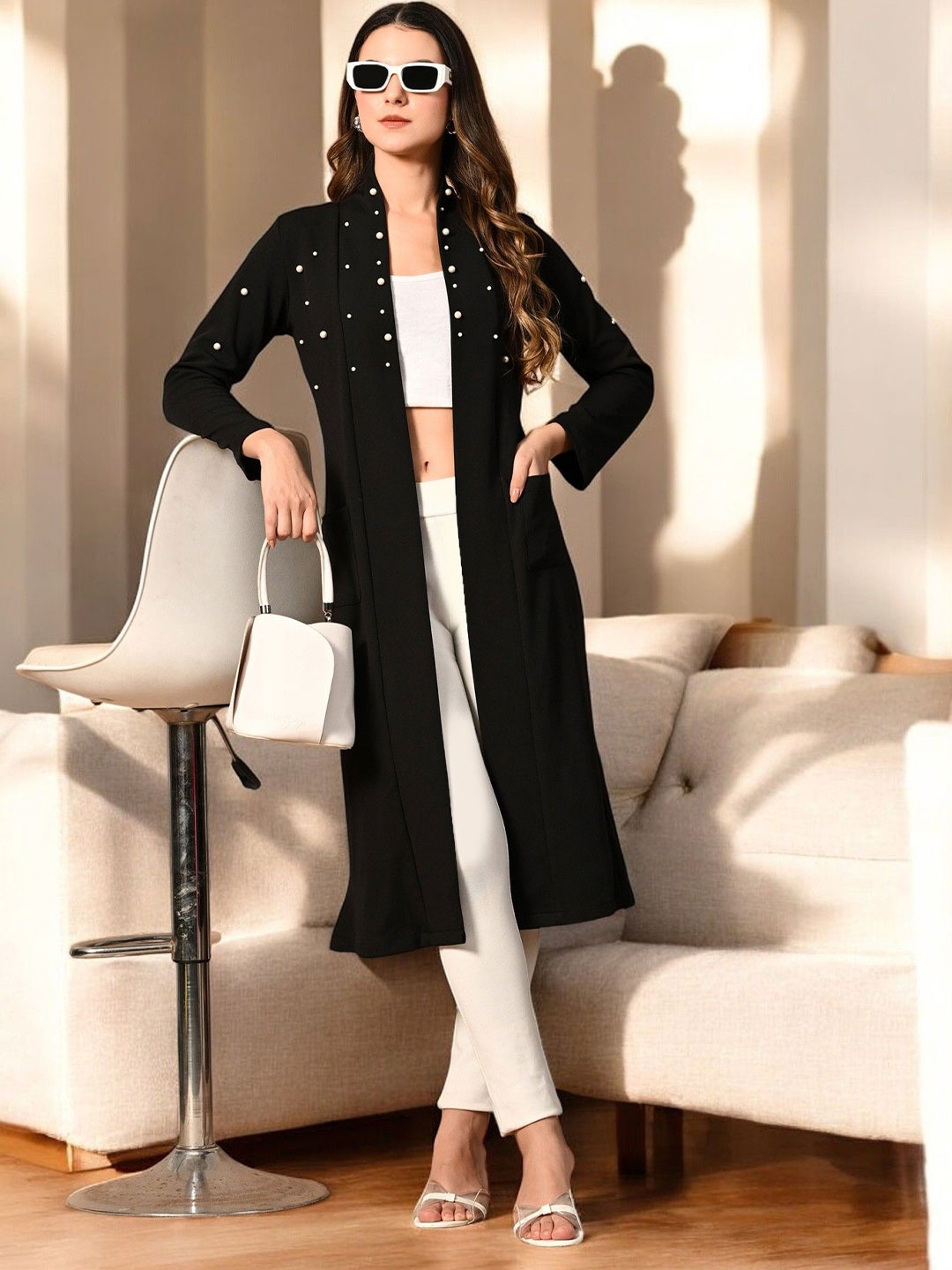 

BAESD Embellished Long Sleeves Open Front Longline Shrug, Black