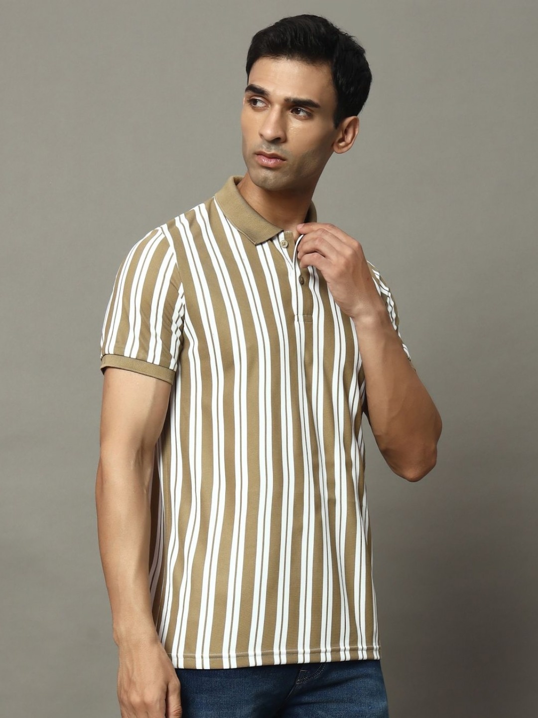

OGEN Men Striped Polo Collar Pockets T-shirt, Brown
