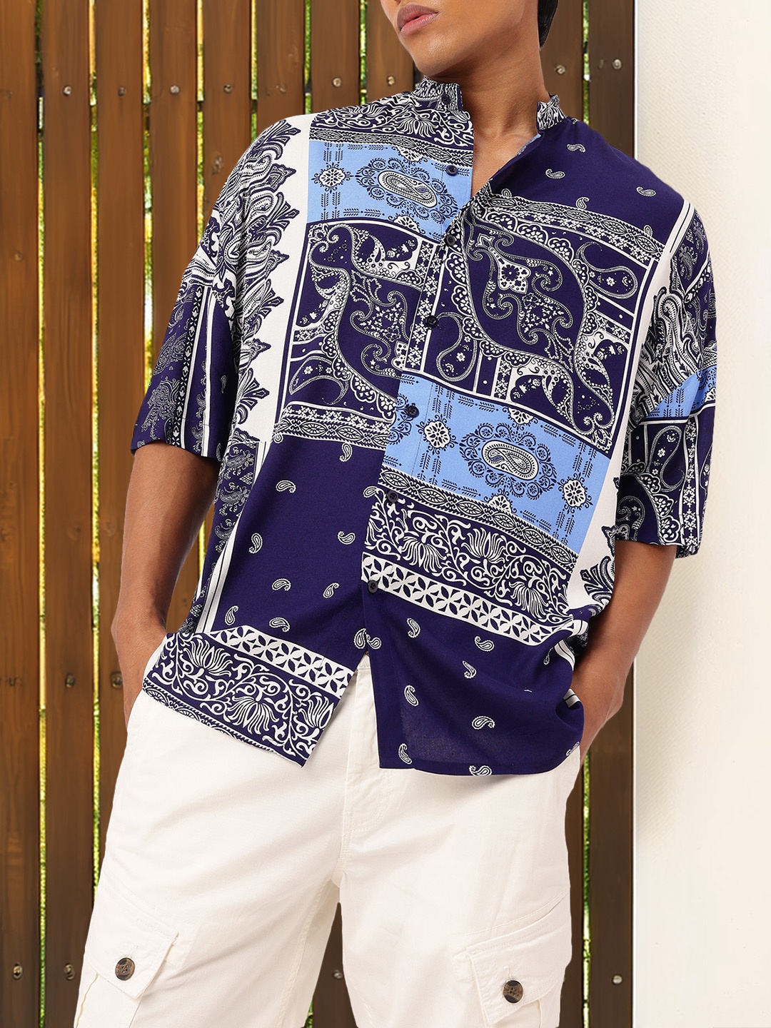

Kook N Keech Indie Street Ethnic Motifs Paisley Printed Oversized Fit Shirt, Navy blue