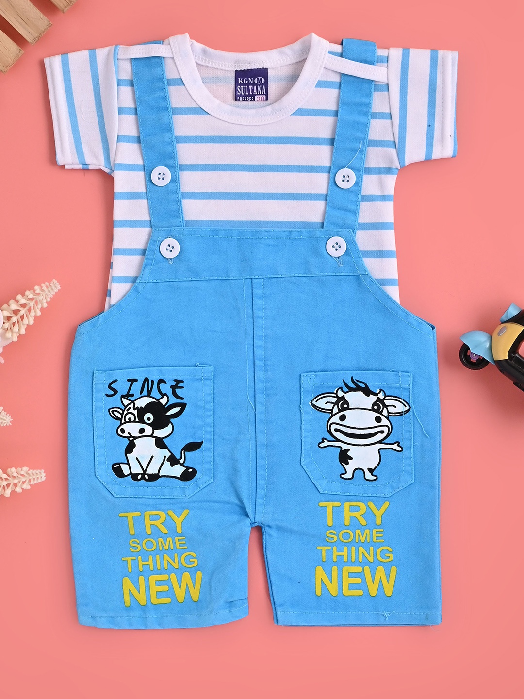 

BAESD Infants Printed Skinny Fit Dungaree With Detachable T-Shirt, Blue