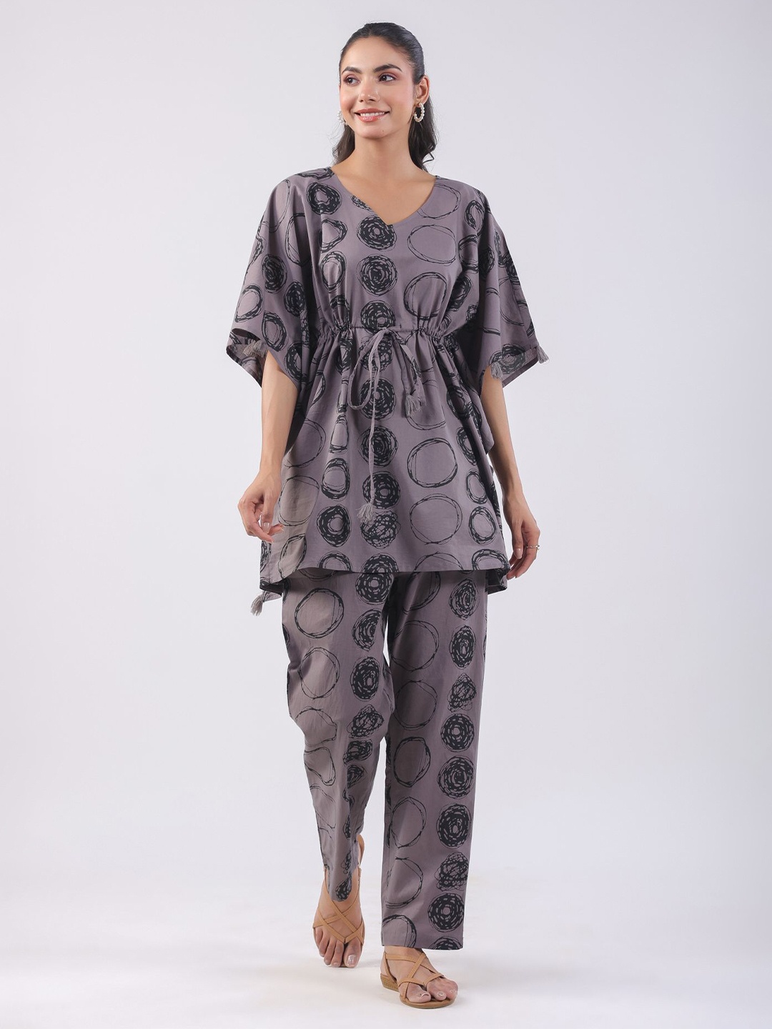 

JISORA Printed Pure Cotton V-Neck Top With Trousers Co-Ords, Grey