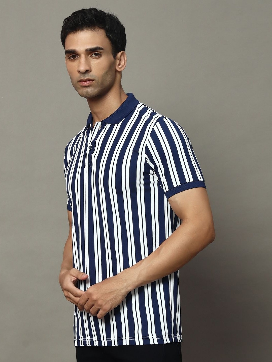 

OGEN Men Striped Polo Collar Pockets T-shirt, Navy blue