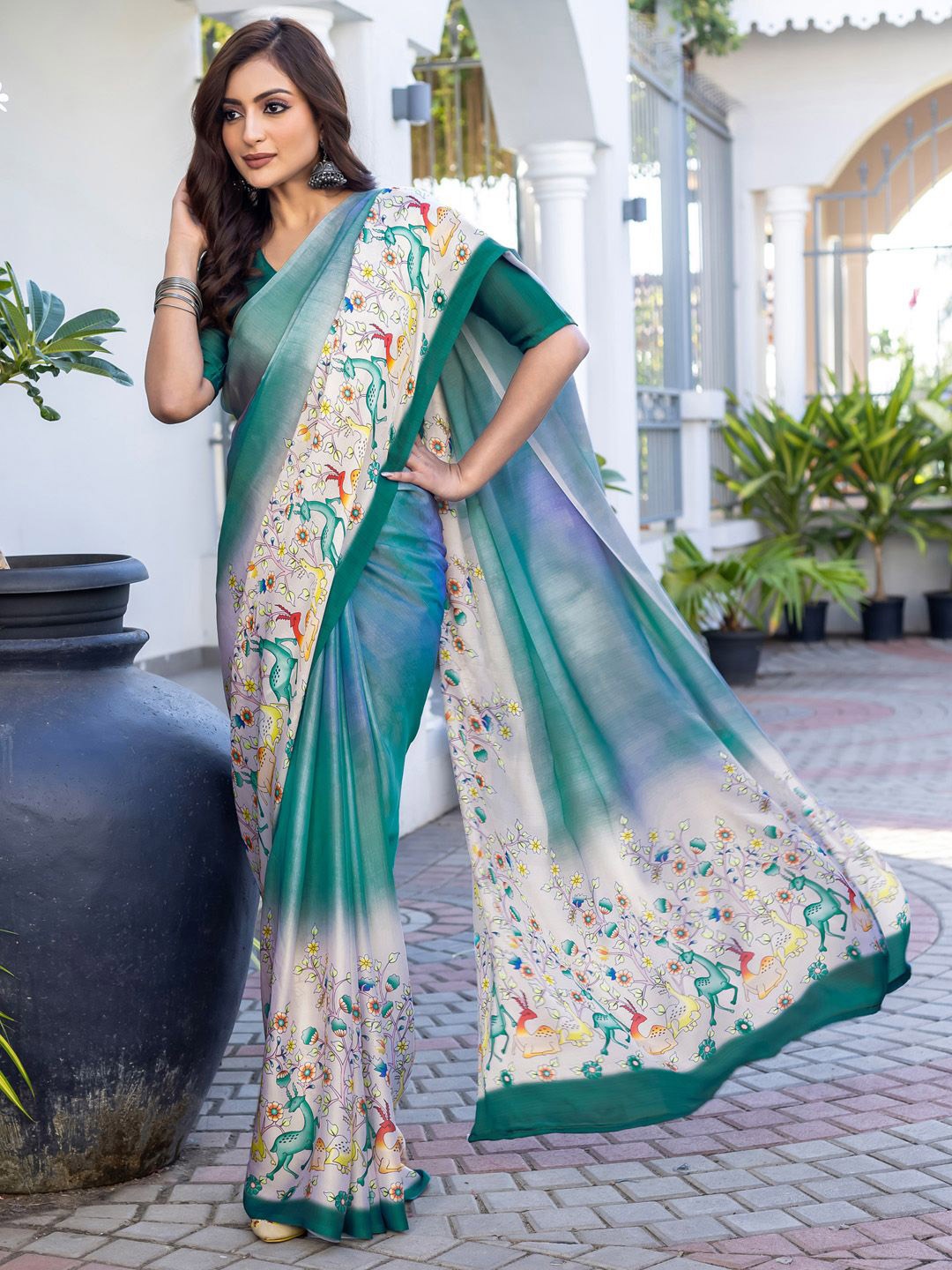 

Mitera Kalamkari Satin Muga Saree, Teal